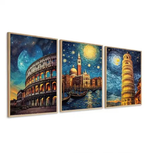 Kit 3 Quadros Decorativos Coliseu Roma Itália Veneza Moldura