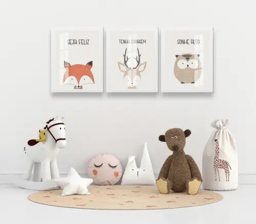 Kit 3 Quadros Decorativos Com Frases Infantil Moldura Vidro
