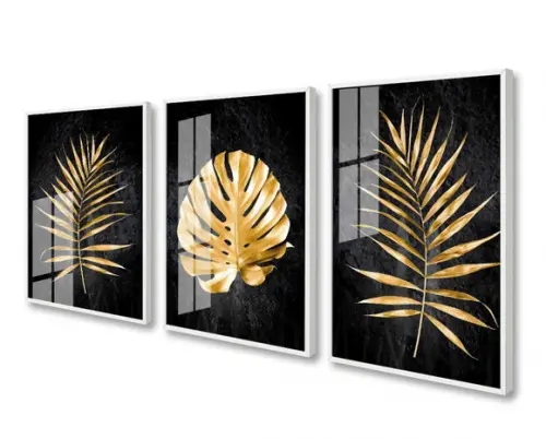 Kit 3 Quadros Decorativos Com Moldura e Vidro Folhagem Gold