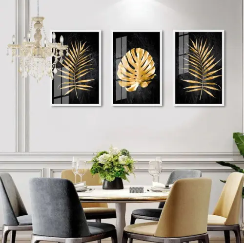 Kit 3 Quadros Decorativos Com Moldura e Vidro Folhagem Gold