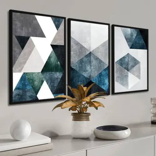 Kit 3 Quadros Decorativos Conjunto Abstrato Geométrico Azul