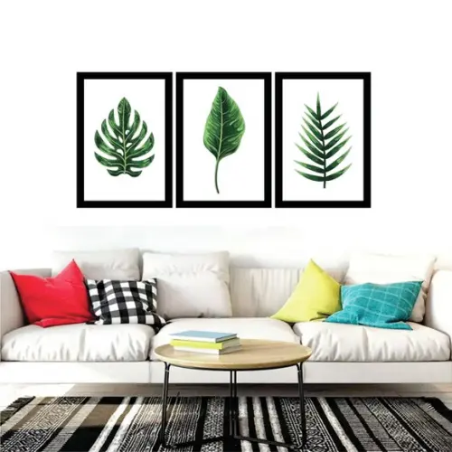 Kit 3 Quadros Decorativos Com Moldura Folhagem Verde Sala