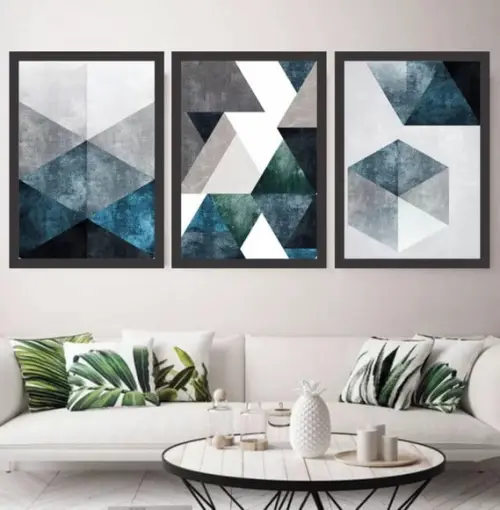 Kit 3 Quadros Decorativos Conjunto Abstrato Geométrico Azul