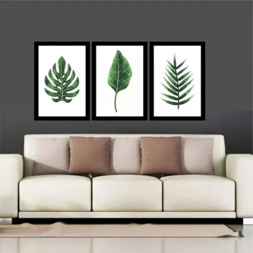 Kit 3 Quadros Decorativos Com Moldura Folhagem Verde Sala