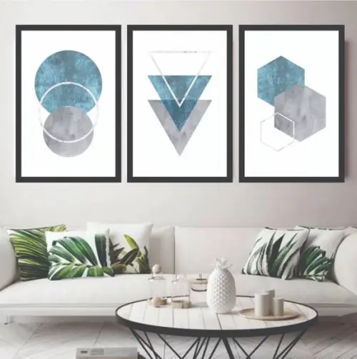 Kit 3 Quadros Decorativos Conjunto Abstrato Geométrico Azul
