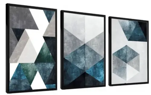 Kit 3 Quadros Decorativos Conjunto Abstrato Geométrico Azul