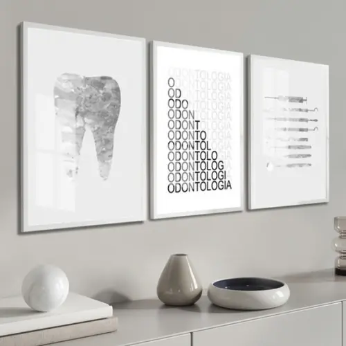 Kit 3 Quadros Decorativos Consultório Dentista Moldura Vidro