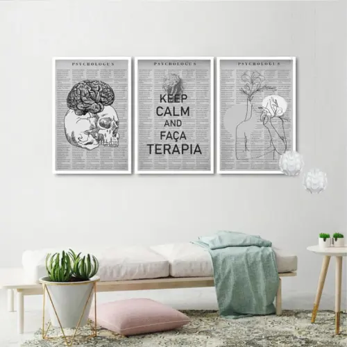Kit 3 Quadros Decorativos Consultório Psicologia Com Moldura