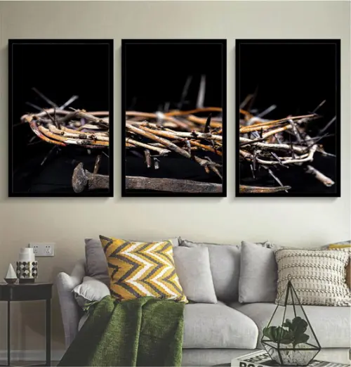 Kit 3 Quadros Decorativos Coroa De Espinho Jesus Com Moldura
