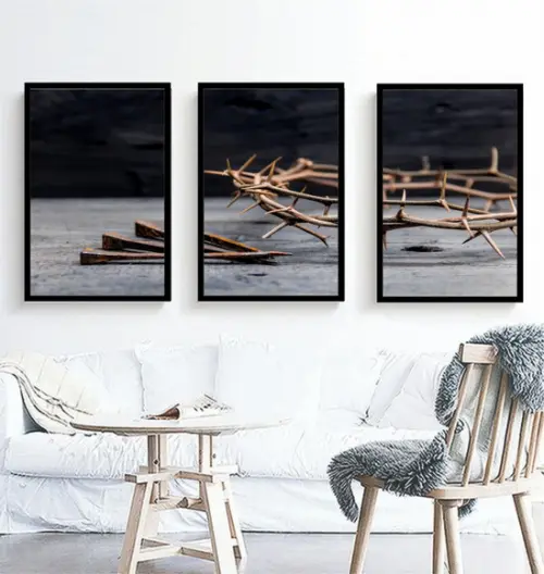 Kit 3 Quadros Decorativos Coroa De Espinho Jesus Com Moldura
