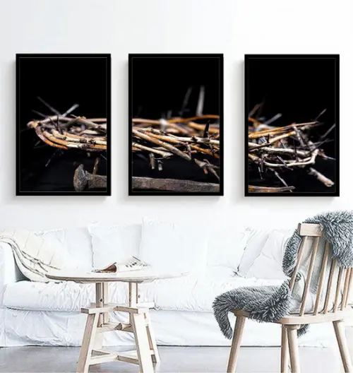 Kit 3 Quadros Decorativos Coroa De Espinho Jesus Com Moldura