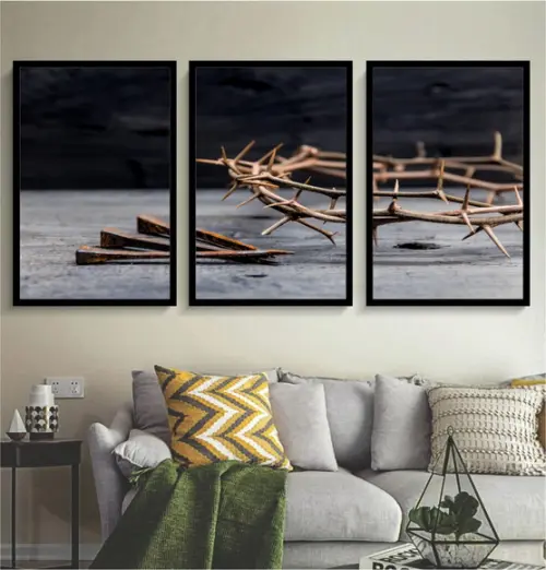 Kit 3 Quadros Decorativos Coroa De Espinho Jesus Com Moldura
