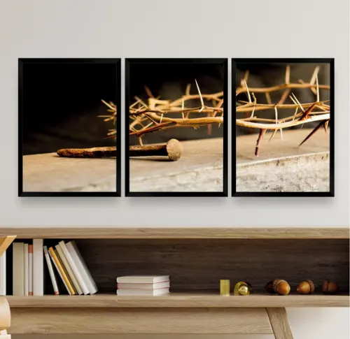 Kit 3 Quadros Decorativos Coroa De Espinhos Jesus Moldura