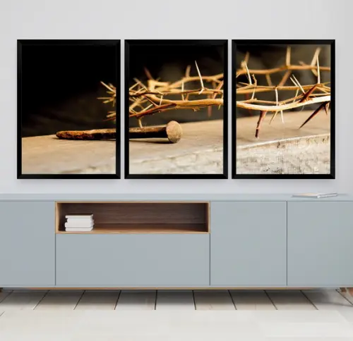 Kit 3 Quadros Decorativos Coroa De Espinhos Jesus Moldura