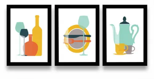Kit 3 Quadros Decorativos Cozinha Moderna Com Moldura Vidro