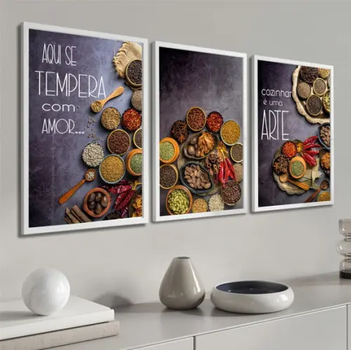 Kit 3 Quadros Decorativos Cozinha Frases Tempero Com Moldura