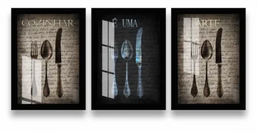 Kit 3 Quadros Decorativos Cozinha Moderna Moldura e Vidro