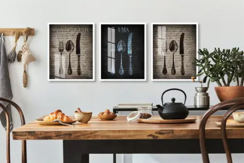 Kit 3 Quadros Decorativos Cozinha Talheres Moldura e Vidro