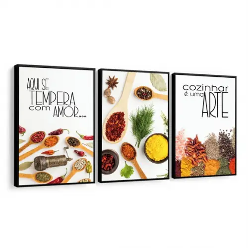 Kit 3 Quadros Decorativos Cozinha Tempero Frases com Moldura
