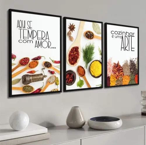 Kit 3 Quadros Decorativos Cozinha Tempero Frases com Moldura