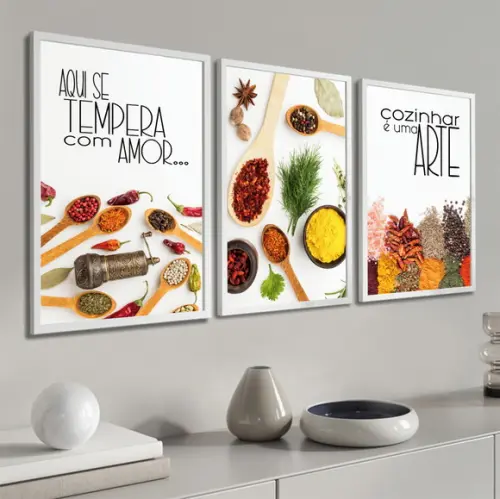 Kit 3 Quadros Decorativos Cozinha Tempero Frases Com Moldura