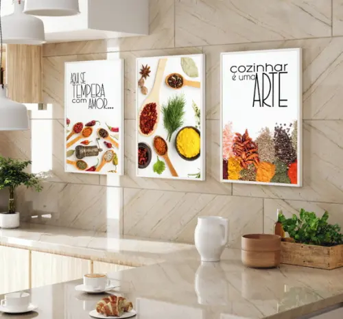 Kit 3 Quadros Decorativos Cozinha Tempero Frases Com Moldura