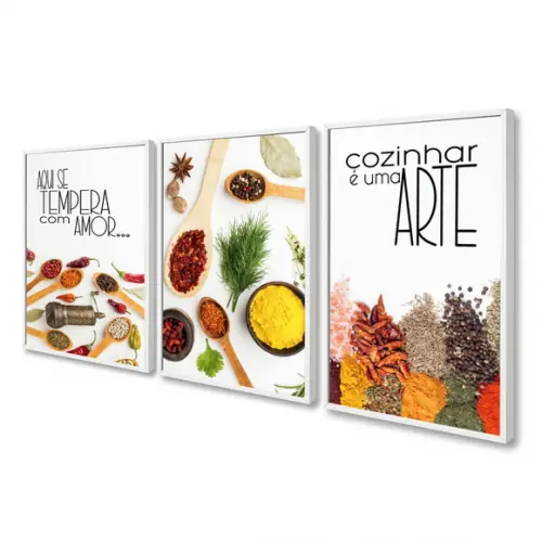 Kit 3 Quadros Decorativos Cozinha Tempero Frases Com Moldura