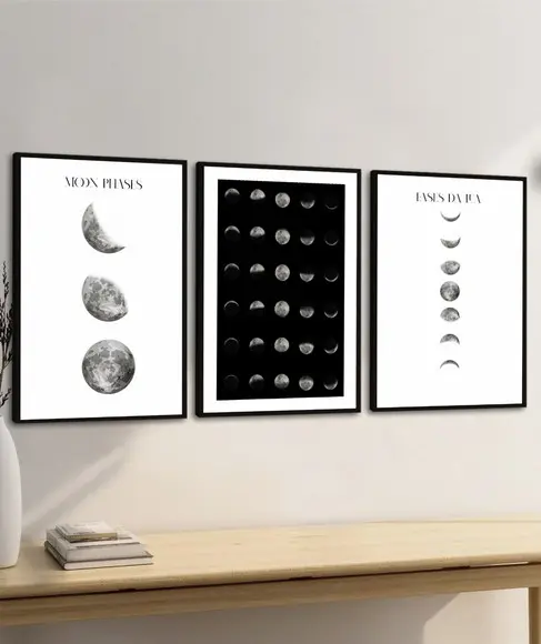 Kit 3 Quadros Decorativos de Lua Preto e Branco com Moldura