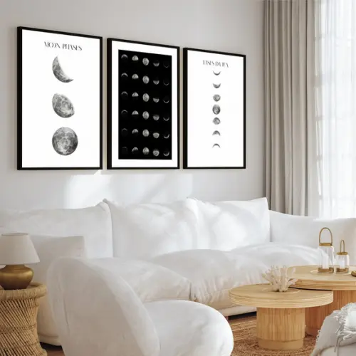 Kit 3 Quadros Decorativos de Lua Preto e Branco com Moldura