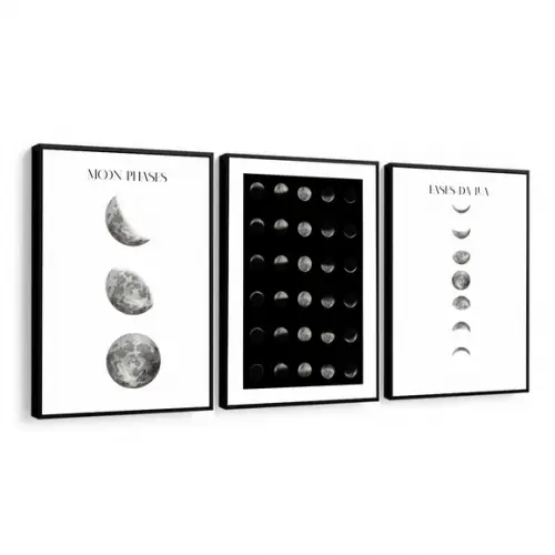 Kit 3 Quadros Decorativos de Lua Preto e Branco com Moldura