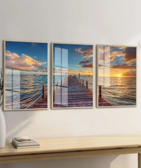Kit 3 Quadros Decorativos Deck Mar Paisagem Moldura e Vidro