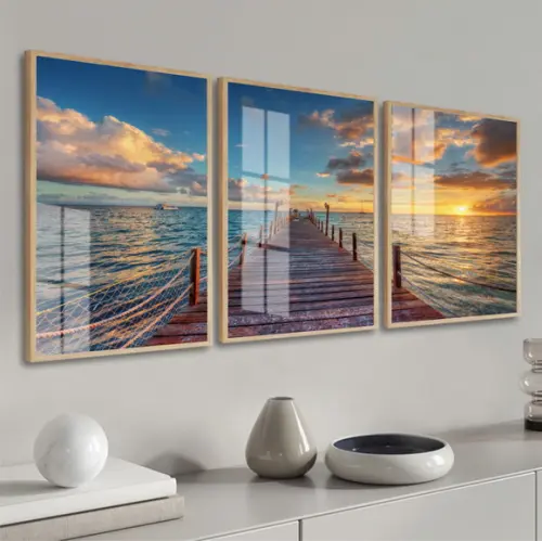 Kit 3 Quadros Decorativos Deck Mar Paisagem Moldura e Vidro