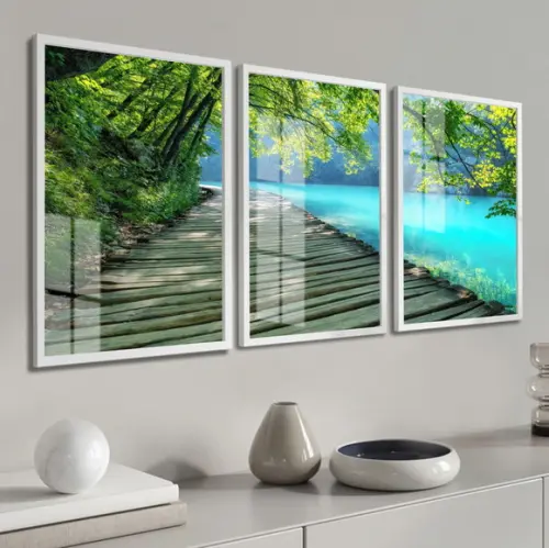 Kit 3 Quadros Decorativos Deck Paisagem Luxo Moldura e Vidro