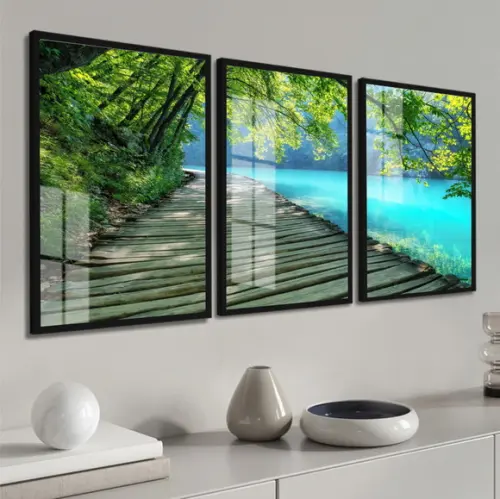 Kit 3 Quadros Decorativos Deck Paisagem com Moldura e Vidro