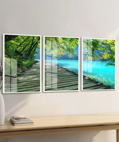 Kit 3 Quadros Decorativos Deck Paisagem Luxo Moldura e Vidro