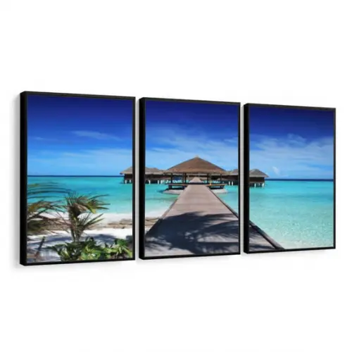 Kit 3 Quadros Decorativos Deck Paisagem Maldivas com Moldura