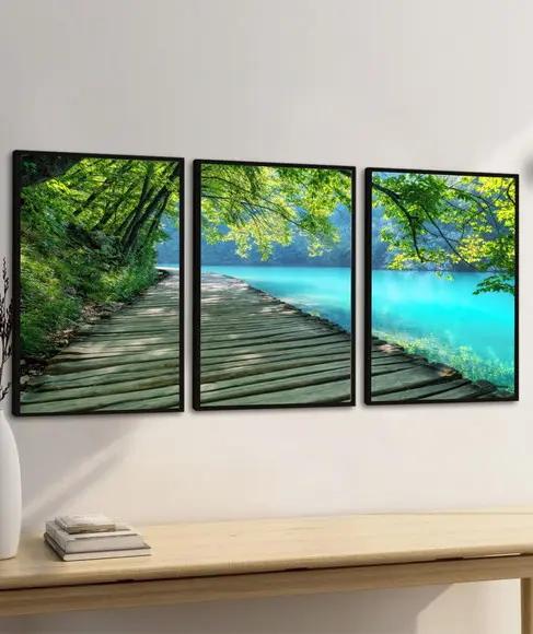 Kit 3 Quadros Decorativos Deck Paisagem para Sala Moldura