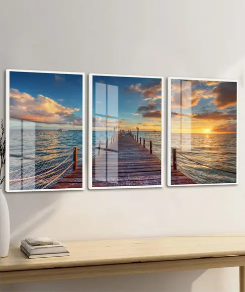 Kit 3 Quadros Decorativos Deck Paisagem Mar Moldura e Vidro