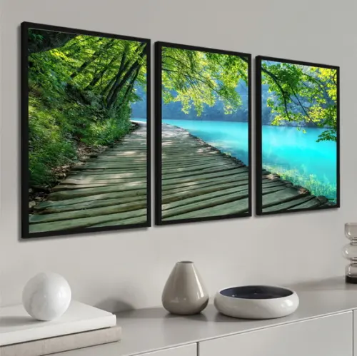 Kit 3 Quadros Decorativos Deck Paisagem para Sala Moldura