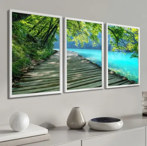 Kit 3 Quadros Decorativos Deck Paisagem Sala Quarto Moldura