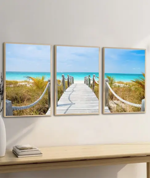 Kit 3 Quadros Decorativos Deck Paisagem Praia Azul Moldura