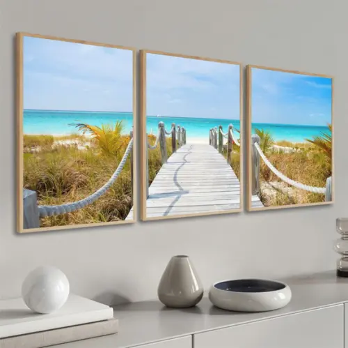 Kit 3 Quadros Decorativos Deck Paisagem Praia Azul Moldura