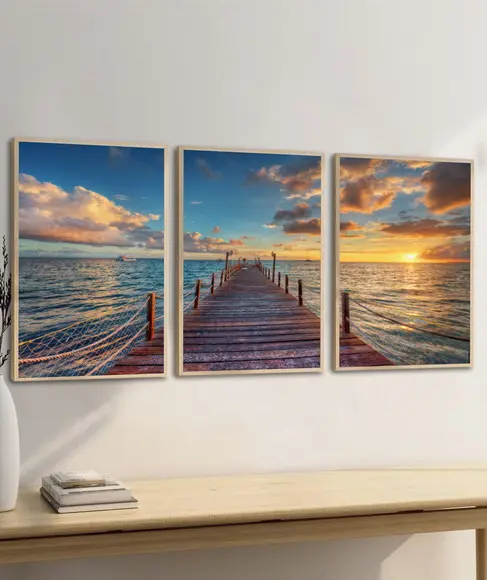 Kit 3 Quadros Decorativos Deck Pôr do Sol Paisagem Moldura