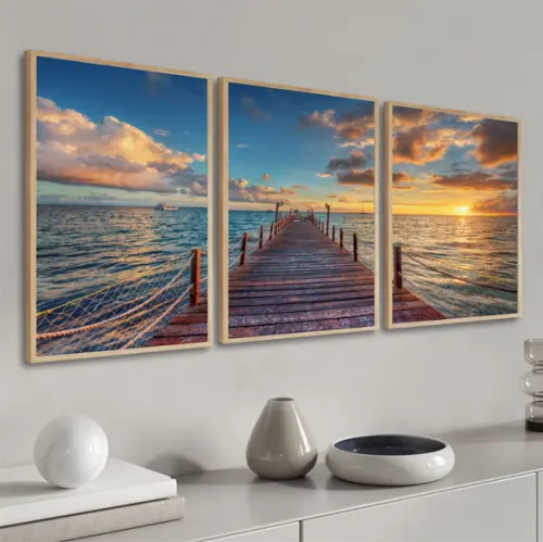 Kit 3 Quadros Decorativos Deck Pôr do Sol Paisagem Moldura