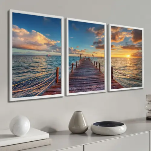 Kit 3 Quadros Decorativos Deck Pôr do Sol Paisagem Moldura