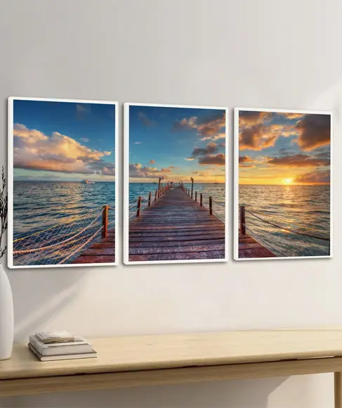 Kit 3 Quadros Decorativos Deck Pôr do Sol Paisagem Moldura