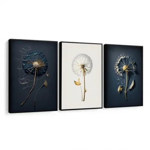 Kit 3 Quadros Decorativos Dente de Leão Azul Dourado Moldura