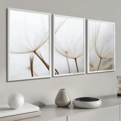 Kit 3 Quadros Decorativos Dente De Leão Branco Flor Moldura