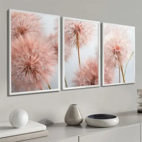 Kit 3 Quadros Decorativos Dente De Leão Flores Rosa Moldura