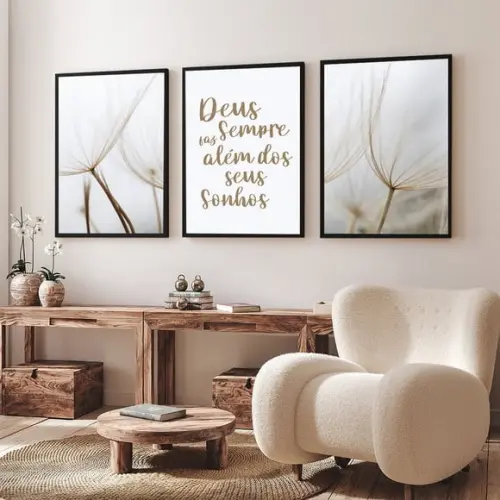 Kit 3 Quadros Decorativos Dente De Leão Frase Oração Moldura